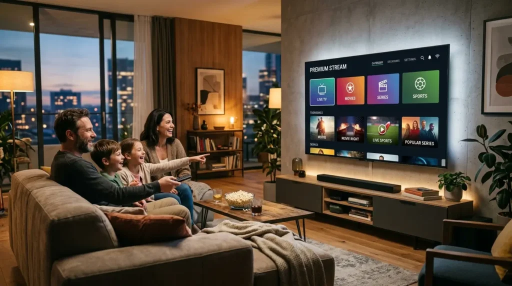 Family watching IPTV service on large smart TV in modern apartment