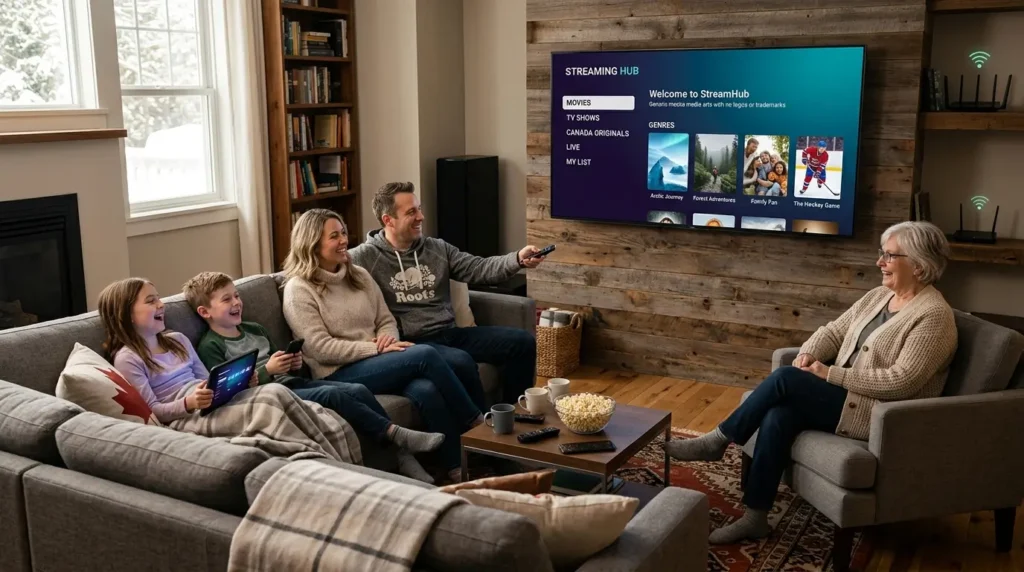 Canadian family enjoying IP IPTV streaming on a smart television