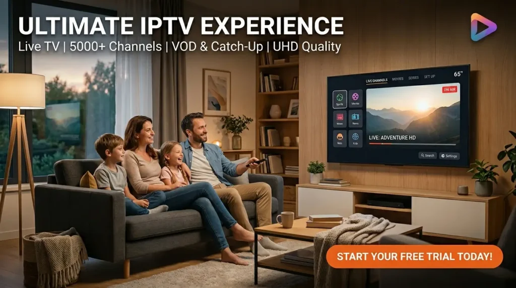 Family using IPTV subscription service on a smart TV in a cozy modern living room.