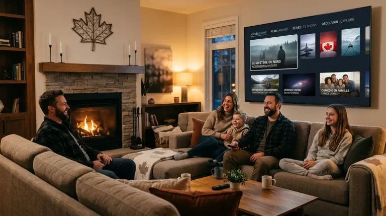 Modern IPTV Quebec streaming setup in a stylish Canadian living room with smart TV interface