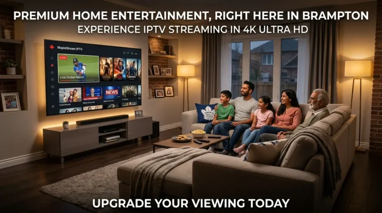 Family watching IPTV Brampton on smart TV in Brampton home