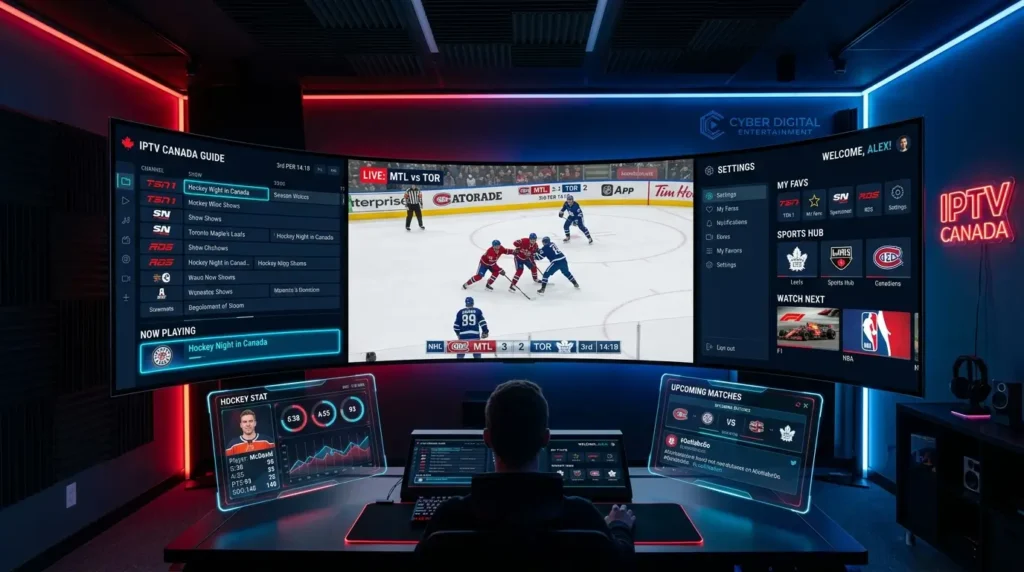 Futuristic IPTV Canada interface with hockey streaming on multiple digital screens