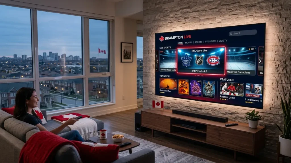 Modern IPTV streaming service in Brampton living room with smart TV