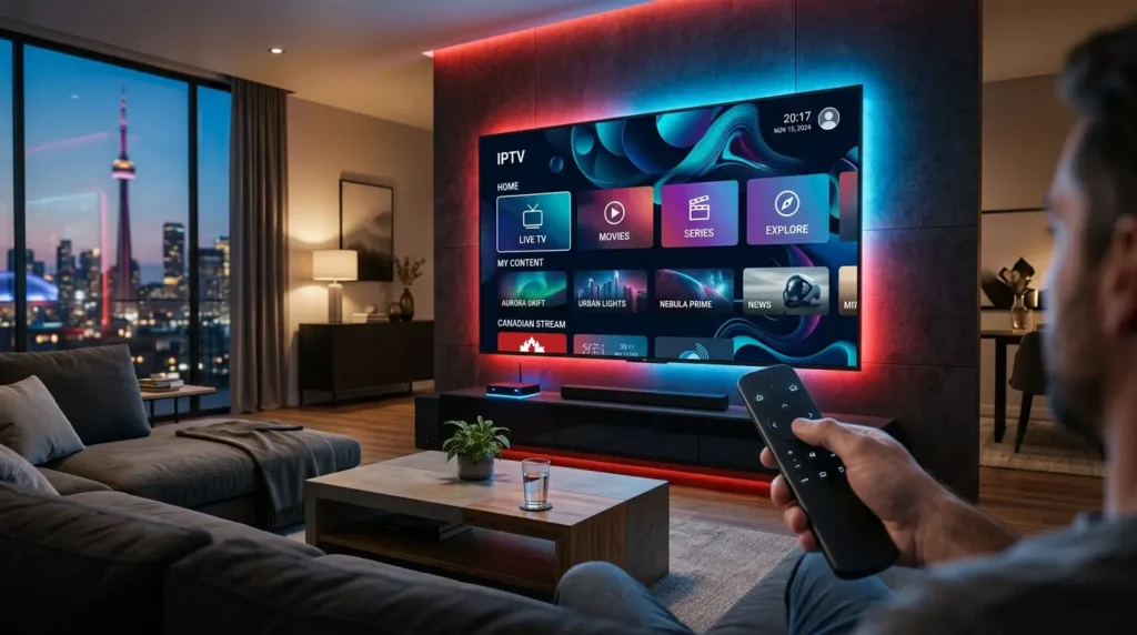 Modern IPTV entertainment system in a luxury Canadian living room