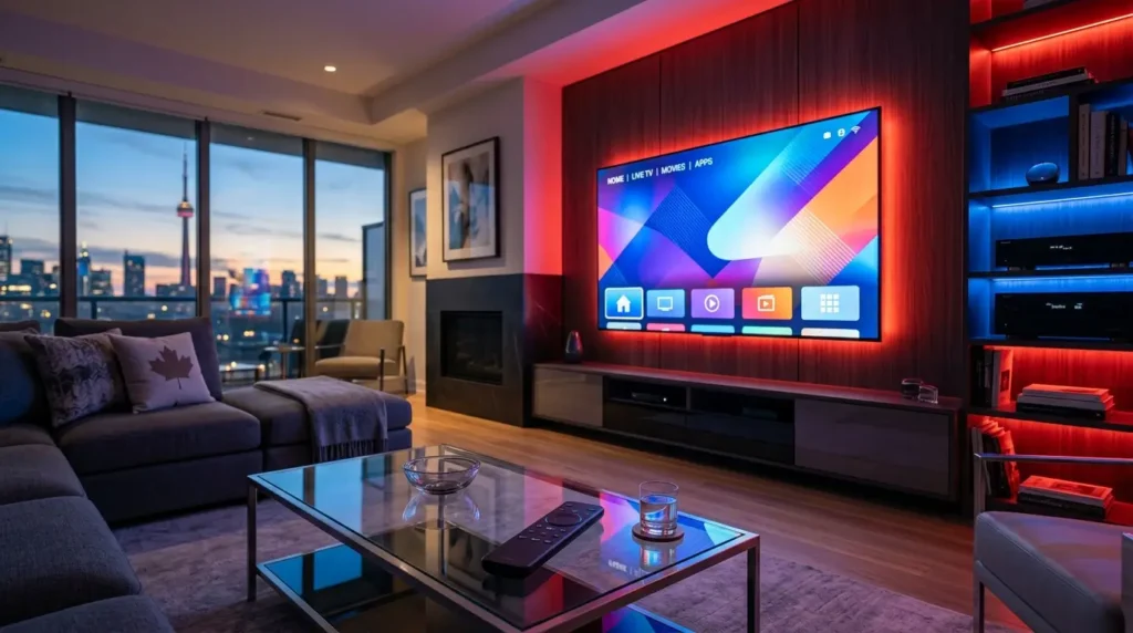 Canadian IPTV streaming service on modern smart TV with neon lighting