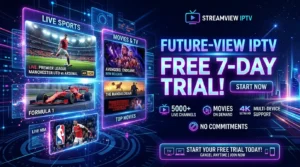 Futuristic IPTV free trial banner with holographic streaming screens