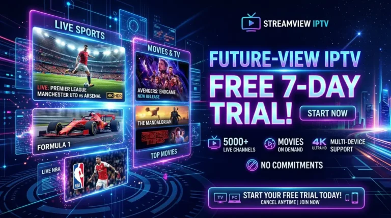 Futuristic IPTV free trial banner with holographic streaming screens
