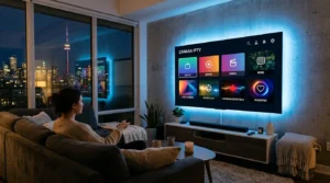 Canada IPTV Young adults enjoying IPTV streaming in a modern Canadian apartment