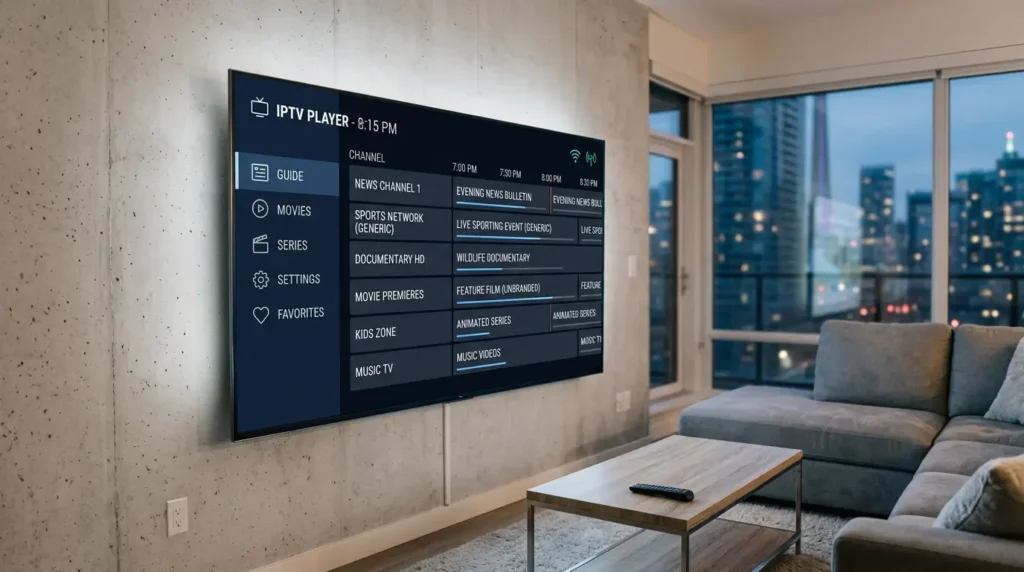 IPTV player interface displayed on a smart TV in a modern Canadian home