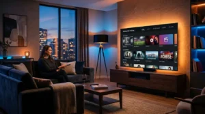 Premium IPTV service setup with smart TV and ambient lighting