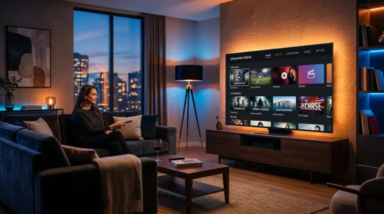 Premium IPTV service setup with smart TV and ambient lighting