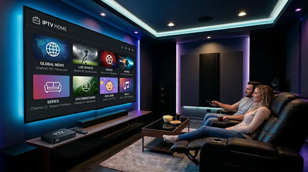 Luxury IPTV home entertainment system with futuristic streaming interface