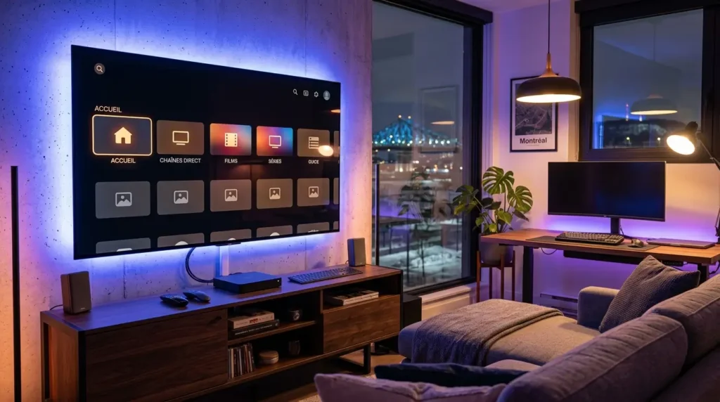 Family enjoying IPTV Quebec streaming service on a smart television in Canada