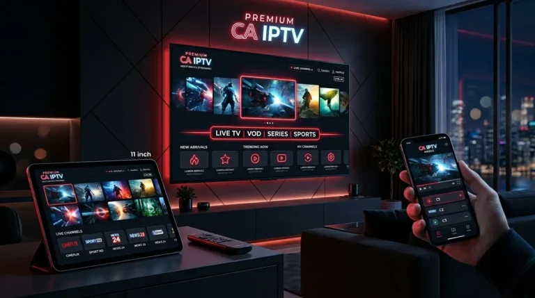 Modern CA IPTV streaming service displayed on a smart television with futuristic entertainment interface.
