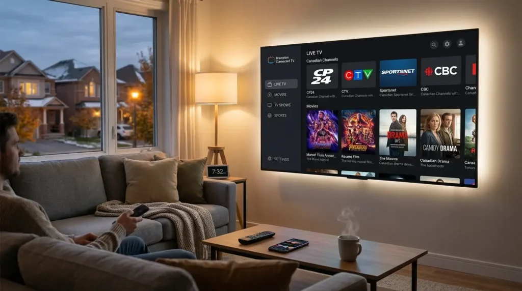 Futuristic IPTV interface on smart TV in Brampton apartment