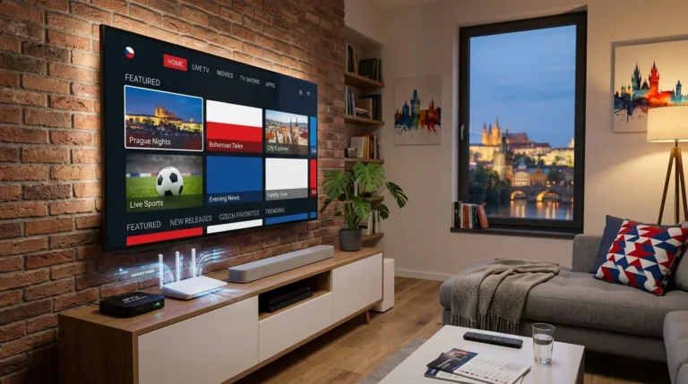 IPTV CZ streaming service displayed on a smart TV in a modern Czech home