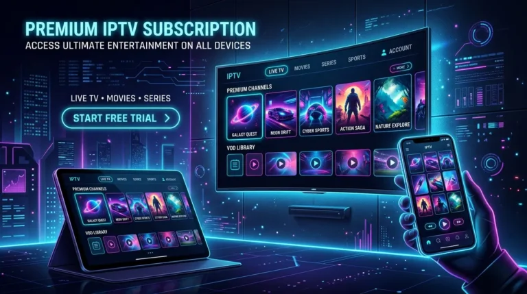 Multi-device IPTV subscription platform with smart TV, tablet, and smartphone streaming interface.