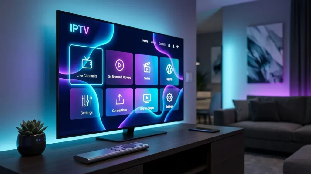 Premium IPTV subscription streaming service displayed on a modern smart TV with futuristic interface.