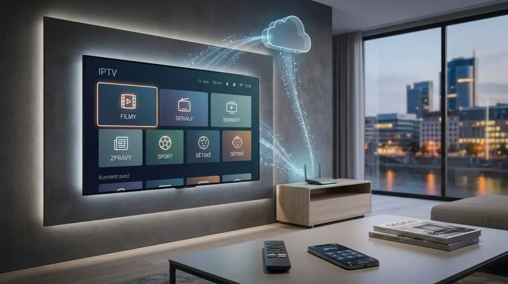 Czech family using IPTV CZ on a smart television at home