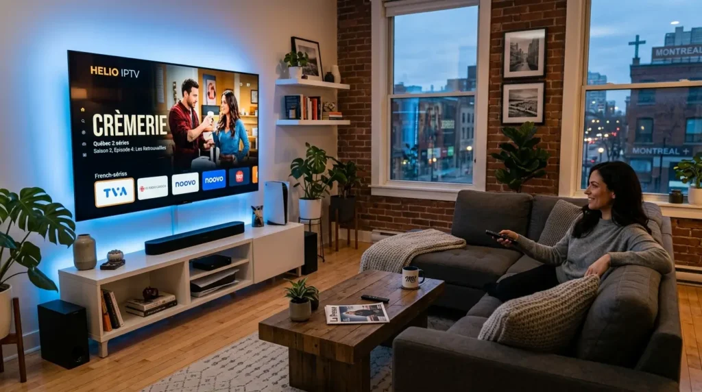 Quebec IPTV streaming on ultra HD smart TV in a modern Montreal-style living room