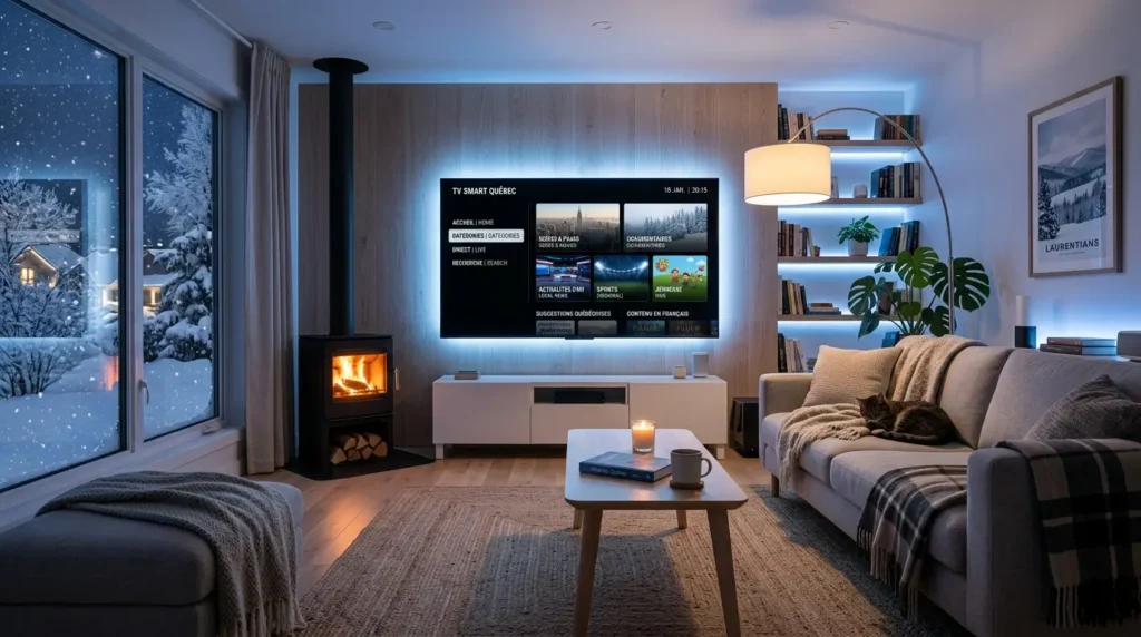 Premium IPTV Quebec streaming box and smart TV setup with modern technology design
