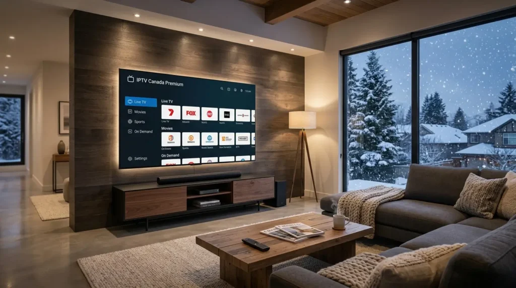 Cozy Canadian living room with IPTV streaming on ultra HD TV during winter