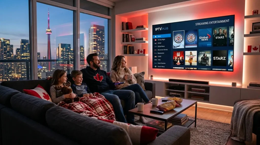 Canadian family enjoying premium IPTV streaming on a smart TV at home