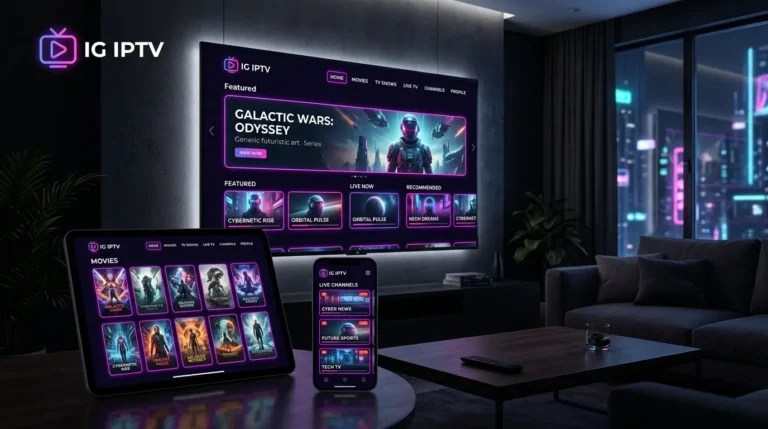 IG IPTV streaming service running on smart TV, tablet, and smartphone devices.