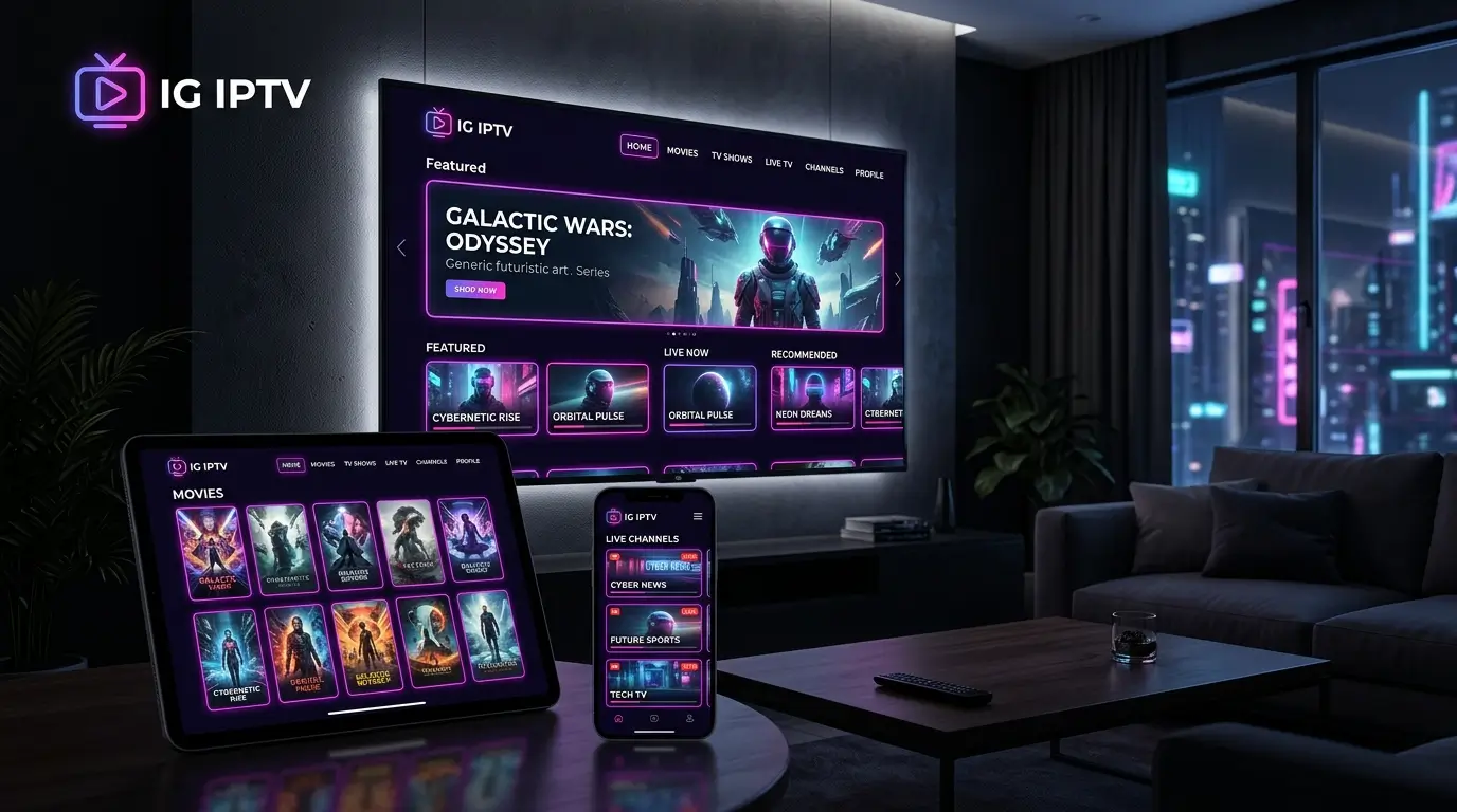 IG IPTV streaming service running on smart TV, tablet, and smartphone devices.