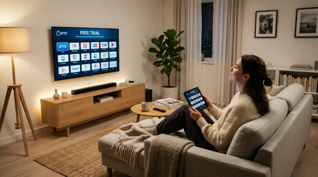 User testing IPTV free trial on tablet and smart TV in a modern living room