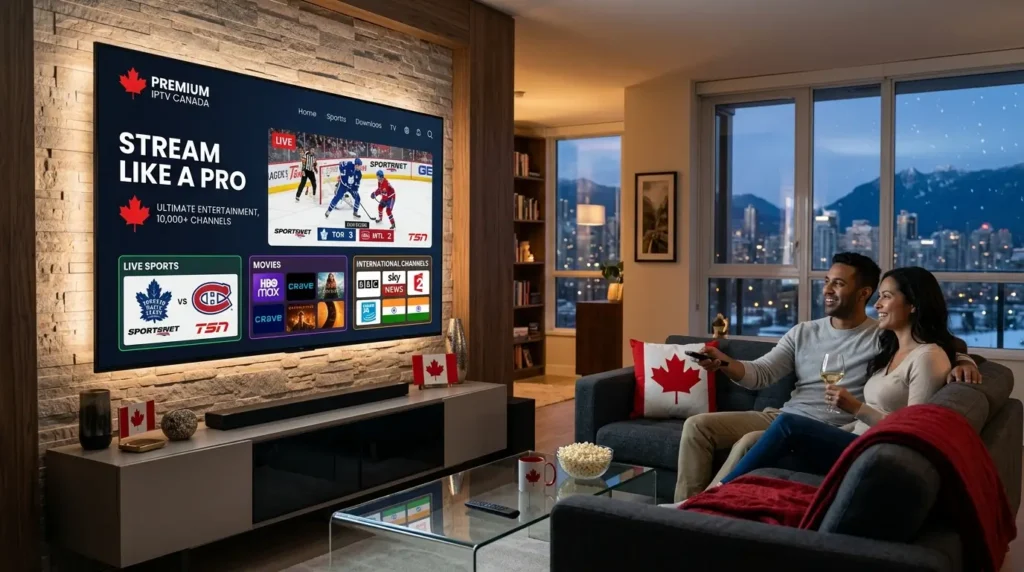 Modern IPTV setup in Canada with smart TV and streaming channels