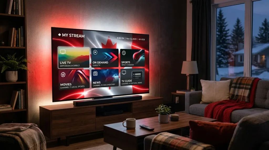 Family watching CA IPTV content on a smart TV in a modern Canadian-style living room.