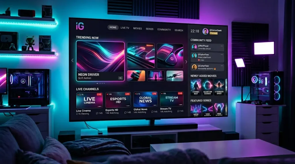 IG IPTV streaming platform displayed on a modern smart TV with futuristic entertainment interface.