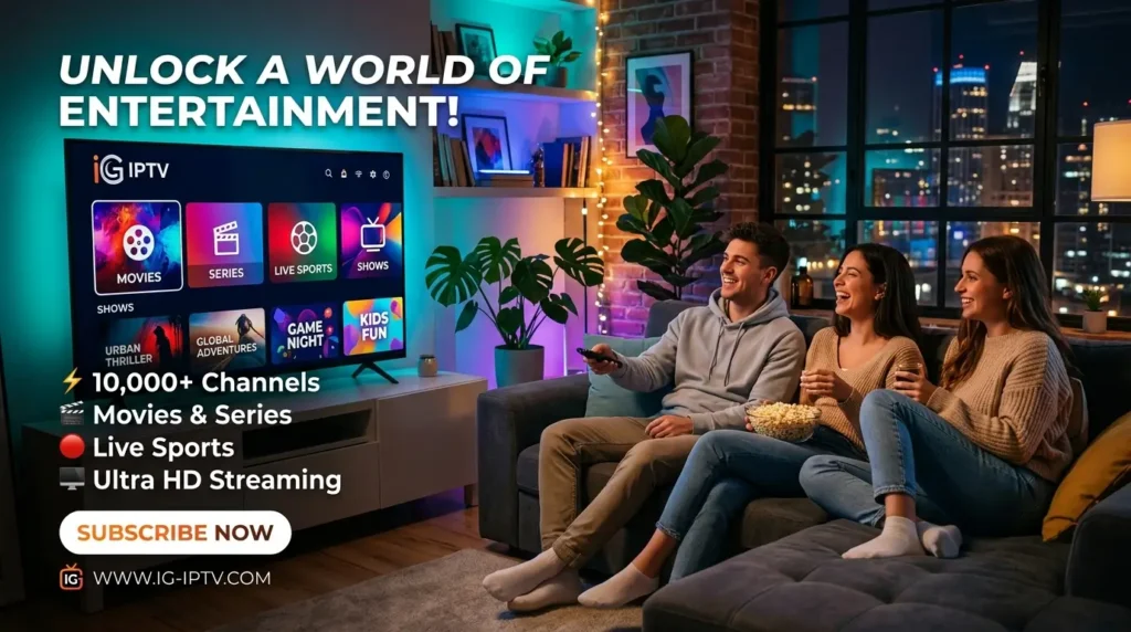 Young adults using IG IPTV subscription service in a stylish modern apartment.